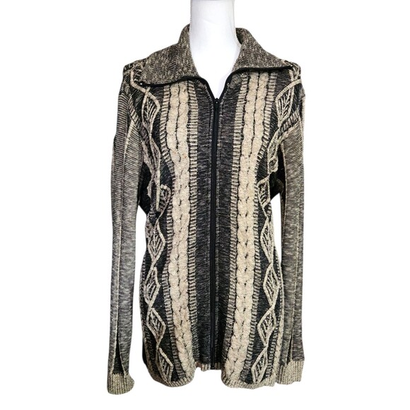 Linda Lundstrom Sweater Zip Front Black Tan Leaf Pattern Womens Size 14-16 - Picture 1 of 8